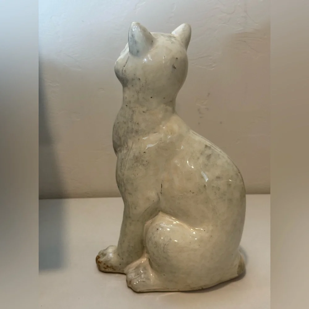 Vintage Pottery Large Smiling‎ Tall Cat Sculpture Figurine Glazed Folk Art Heavy